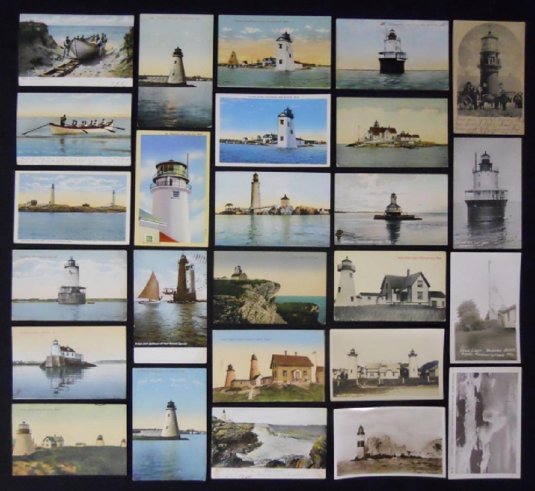 Antique Lighthouse or Ship Themed Postcards (56pc): Collection of fifty-six early 20th C. postcards, including black and white photograph cards and colored printed cards. Themes include light houses, ferries, whaling, life saving, ocean liners and batt