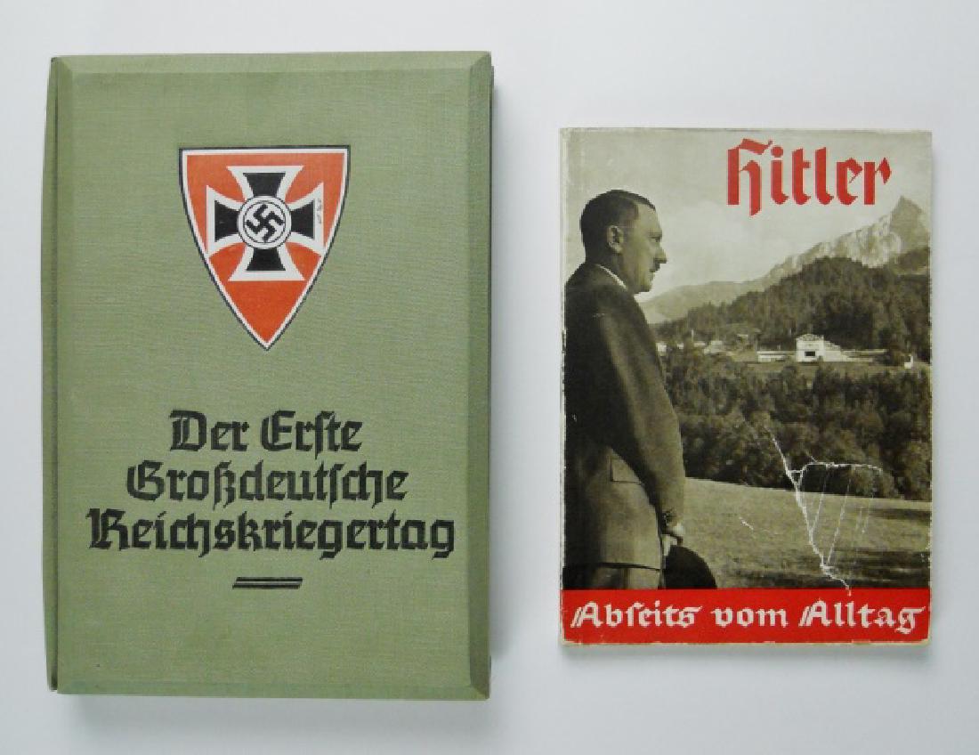 WW2 German War Stereoview and NDSAP Book (2pc): Two World War Two era German books: (1) "Der Erste Grossdeutche Reichskriegertag" Pub. 1939 Berlin Germany. Cloth board book with inset stereoviewer and 100 black and white NDSAP and military themed p