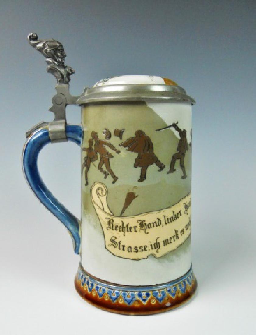 German Mettlach Stein, Villeroy & Boch, #2092: Mettlach stein circa 1897, "Villeroy & Boch", titled "Homecoming from the Tavern", artist signed "H. Schlitt". Stein with incuse colored design depicting a dwarf setting a clock with figures in backgr