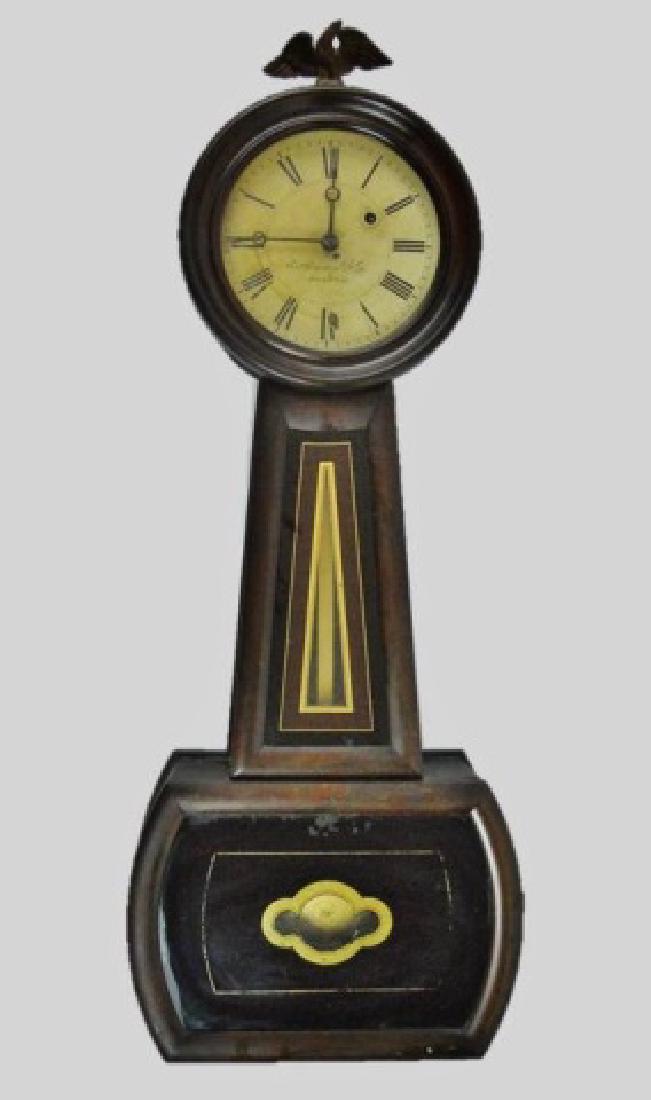 19th C. Banjo Clock, E. Howard #5, Boston: 19th C. wall clock signed, "E. Howard Boston". Eight-day weight driven time only movement with Roman numeral radial dial with single wind port. Glazed wood case with reverse painted glass panels with