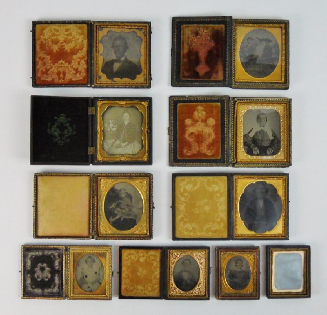 19th C Daguerreotypes, Ambrotypes, Tintypes (10pc): (1) Made by Littlefield Parson, the case of black Gutta Percha in 1/6 plate size has small chips on two corners, otherwise details and edges are crisp. Velvet preserver as well as mat and glass are in