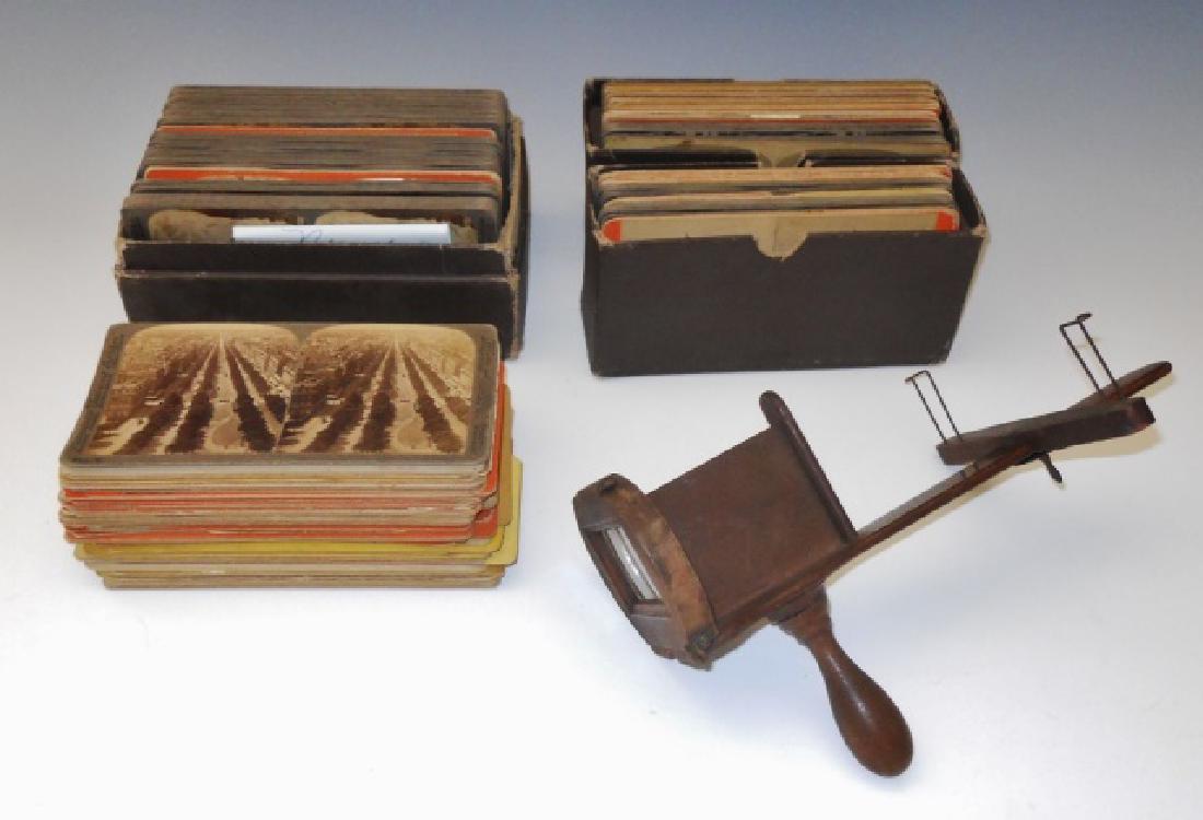 19th C. Stereoscope and Cards (173pc): Mixed group of cards, many dating from 1870's, includes Italy, Portugal, South Africa, Panama as well as various sites in the United States. Domestic scenes, portraits and comic cards complete the set