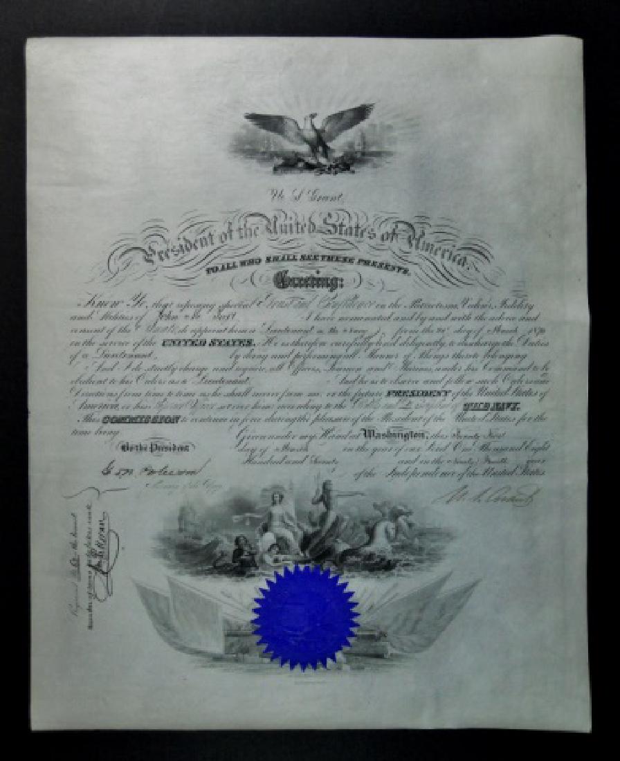 US Navy Commission Signed President U. S. Grant: United States Navy Commission on parchment with blue seal, signed by President Ulysses S. Grant in his hand. Commission for Lieutenant Jon M. Taft, dated 21st, March, 1870. Document also signed by Sec