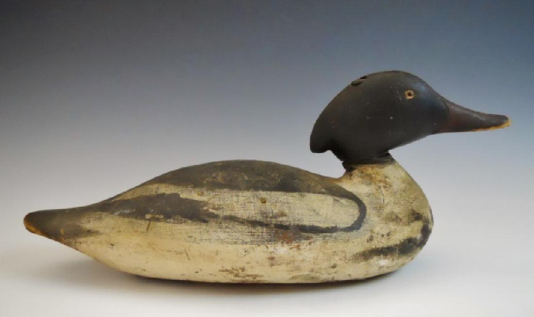 Antique Duck Decoy, Drake Merganser, Mason: Antique duck decoy, Mason "Challenge Grade" Merganser Drake with glass eyes and factory painted surfaces. Good condition with wear and light gunning consistent with field use, paint with gunning touch