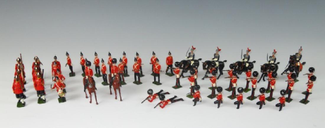 Pre-War Britains Soldiers, Some Rare, (65pc): Box for set #56 "Grenadier Guards & East Kent Regt. found with: (18) infantry from the East Kent Regiment including 12 standing with rifles, 2 with swords, 2 with drum, 2 with bugle; (25) Grenadier Gu