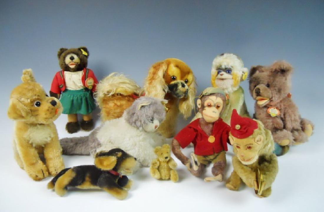 Collection, 1950's Stuffed Animals, Steiff (10pc): Collection of mid twentieth century Steiff stuffed animals: (1) Pekingese "Peky" has swivel head but no button or tags. Measures: 8"H. (1) Bulldog "Bully" is red mohair; loss to felt tongue; no button