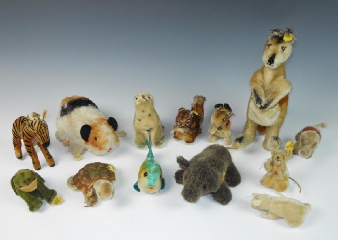 Collection,1950's Stuffed Animals, Steiff, (14pc): Collection of mid-twentieth century Steiff stuffed animals: (2) White mice "Pieps," one has ear button and tag. Both have felt ears, tails, paws intact. (1) Turtle "Slo" comes with his button, ear tag