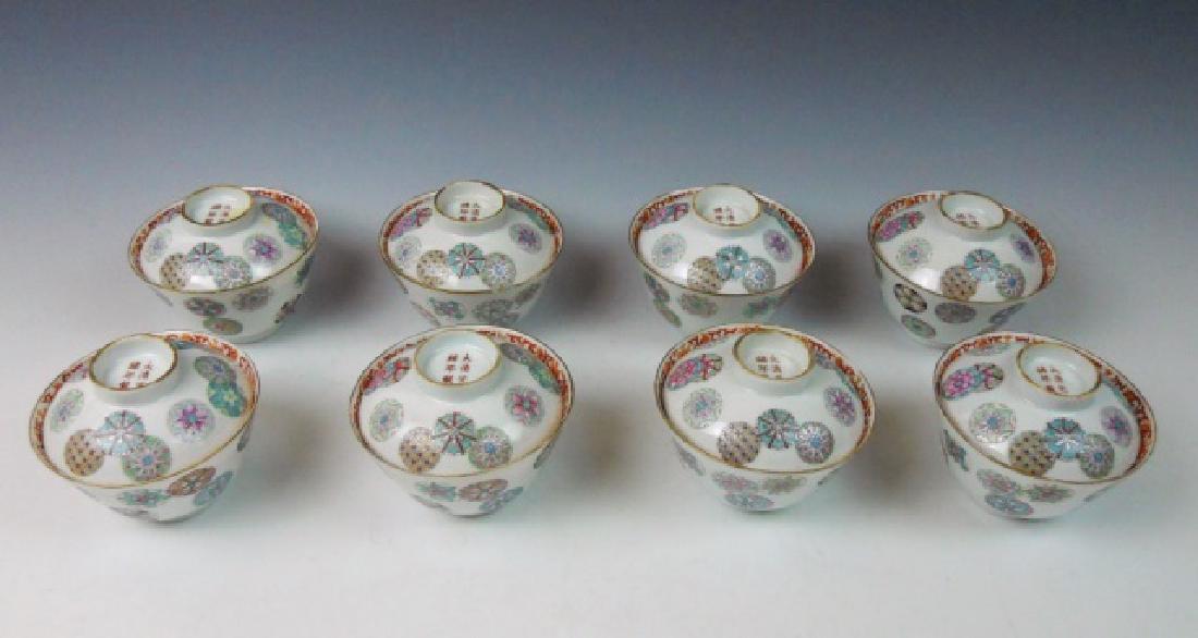 Eight Chinese Guangxu Covered Rice Bowls, (16pc): Set of eight 19th C. Chinese Guangxu (1871-1908) lidded porcelain rice bowls with hand decorated surfaces. Measure: 3.5" H x 4.25" W. Provenance: From the collection of Mrs. Winnie Davis Floyd Wynn (1
