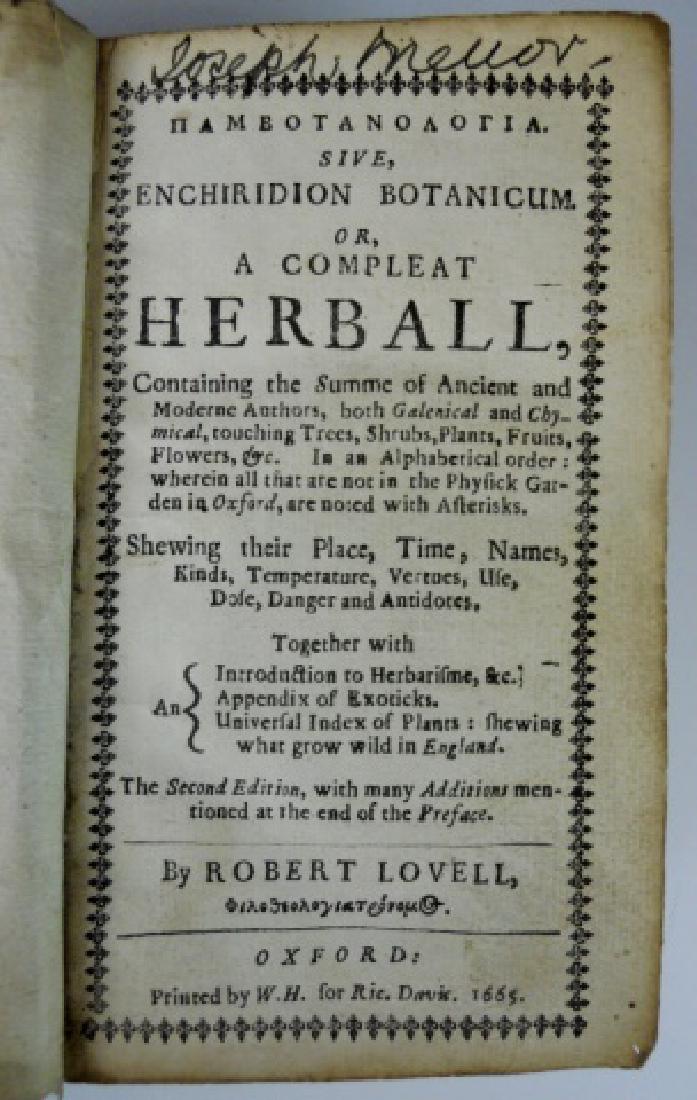 17th Century English Herbal Book, Lovell, 1665: Robert Lovell's Pambotanologia Sive, Enchiridon Botanicum, Or, A Compleat Herball. . . Second Edition. Oxford, by W.H. for Ric Davis, 1665. 12mo, leather, (84), 675 pp. and publisher's catalog bound i