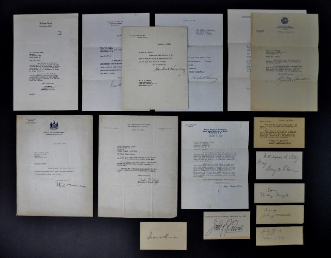 Autographs, Herbert Hoover, Shirley Temple, (18pc): The letters in this collection date from 1933 to 1940 and include those signed by Herbert Hoover (while in office,) Alf Landon and Wendell Willkie. There is one particularly interesting excerpt taken 
