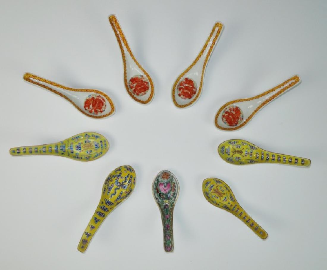 Collection of Chinese Porcelain Spoons, (9pc): Collection of nine Chinese porcelain Qing period spoons. Hand painted decoration in various styles and themes. Measure: 5.75" L. Provenance: From the collection of Mrs. Winnie Davis Floyd Wynn (1890-1