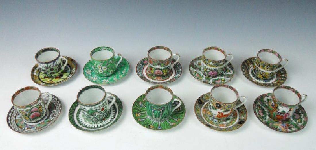Chinese Porcelain Demitasse Cups, Saucers, (20pc): Collection of ten Late 19th - Early 20th C. Chinese export porcelain demitasse cups and saucers. Ten different patterns with hand painted decoration. Provenance: From the collection of Mrs. Winnie Dav