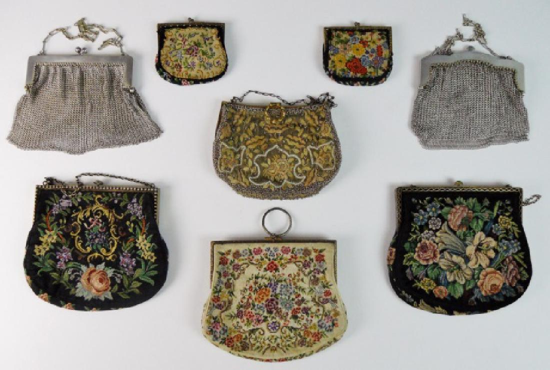 Early 20th C. Microbead, Petit Point Bags (8pc): Collection of eight Women's bags: (1) Longchamps, microbeaded purse bearing original tag. All hand-worked in pale golds, cream and salmon silk embroidery on a raw silk, putty colored ground, bag is li