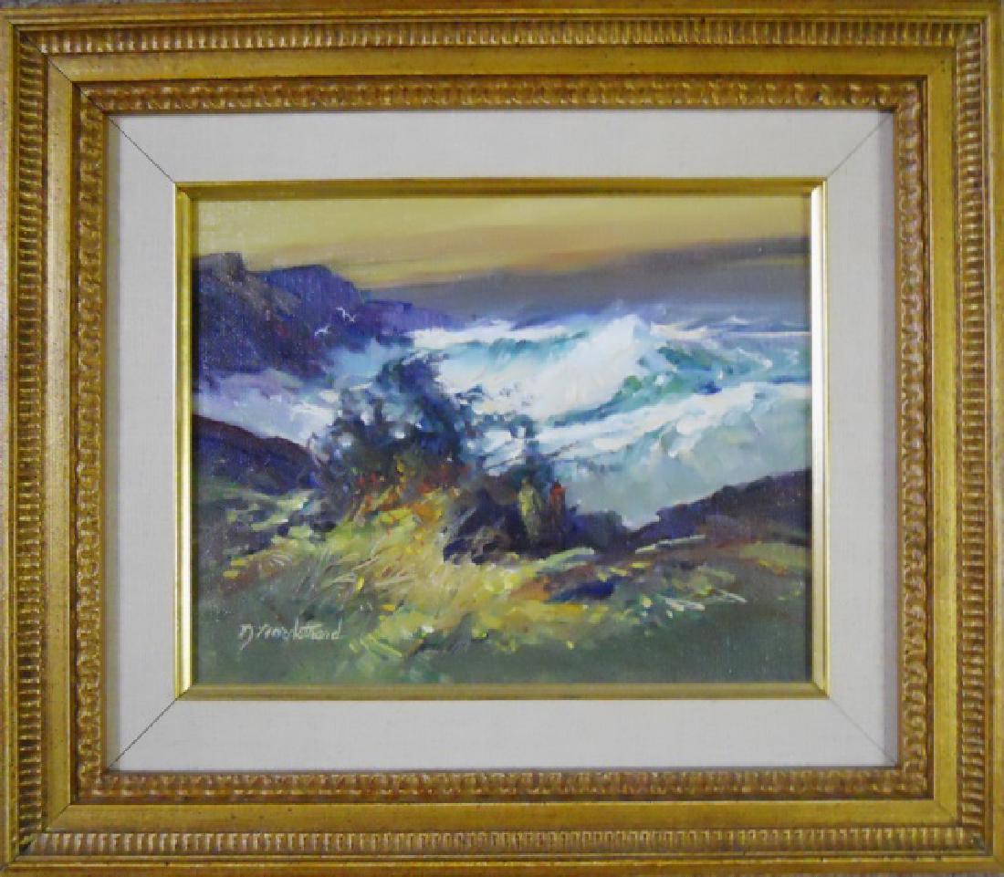 Oil on Canvas, Nathalie Johnson Nordstrand b.1932: Painting, oil on canvas, Nathalie Johnson Nordstrand (American, b.1932) Image of rocky coast is signed lower left corner, "Nordstrand". Set in gilt frame measuring: 13.25" H x 15.25 "W, image: 7.5" H 