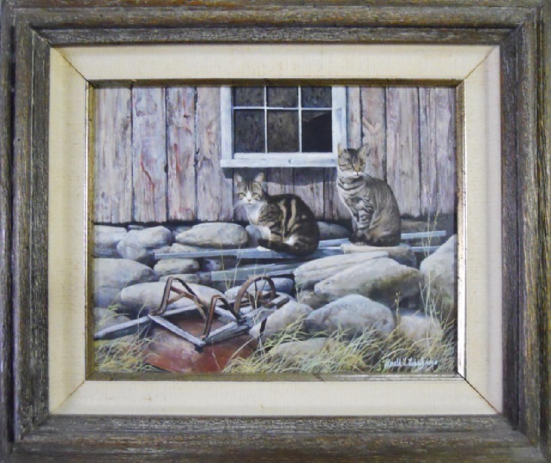 Oil on Board, Gerald L. Lubeck (b. 1942): 1983 Painting, oil on board, Gerald L. Lubeck ( b. 1942 ) "Waiting for Dinner" Meticulously detailed tabby cats in front of a barn. Signed lower right corner, "Gerald L. Lubeck 1983". Painting is set 