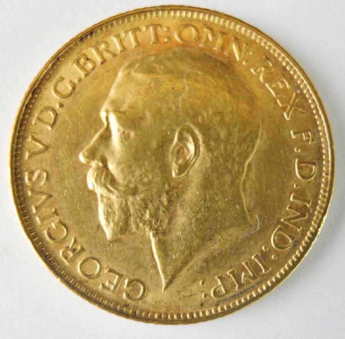 1911 English Sovereign Gold Coin, George V: 1911 English sovereign gold coin, George V. About Uncirculated condition. Weight: 8.0 g