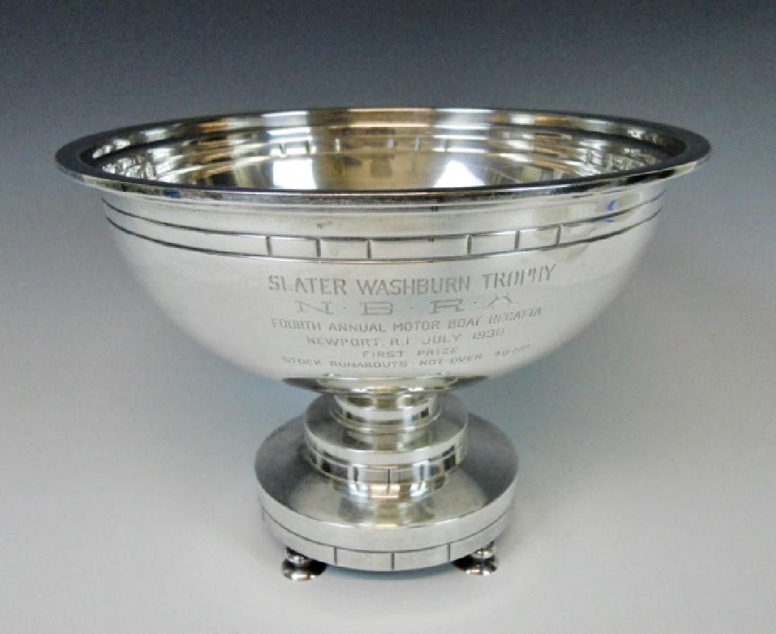 Sterling Silver Trophy, Newport Boat Racing, 1930: Sterling silver trophy engraved, "SLATER WASHURN TROPHY N. B. R. A. FOURTH ANNUAL MOTOR BOAT REGATTA NEWPORT R I JULY 1930 FIRST PRIZE STOCK RUNABOUTS NOT OVER 40 HP". Base signed "STERLING GORHAM". B