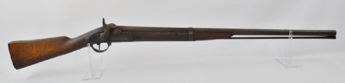 19th C. German Percussion Contract Musket, Suhl: 19th C. German percussion contract musket. Lock plate is signed, "SUHL" with crown proof. Pinned walnut stock, shortened, with ramrod, action functions. Accompanied by 19th C. powder horn. Rifle measu