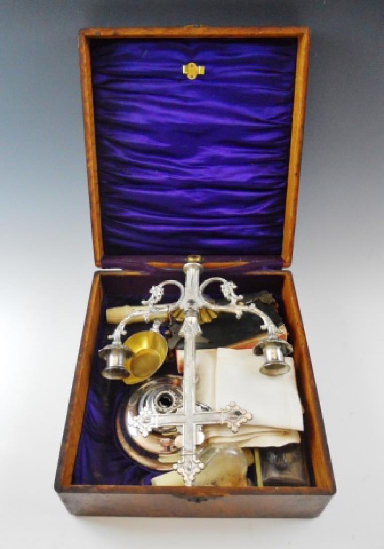 Cased Antique Travel Catholic Mass Kit, (11pc): Cased early 20th C. travel Catholic Mass kit, includes: (1) Three-piece cross on stand, (2) Bottles of holy water, (1) Plate, (1) Brush, (1) Wine bowl, (2) Small cloths, (1) Rosary, (1) Hand held cros