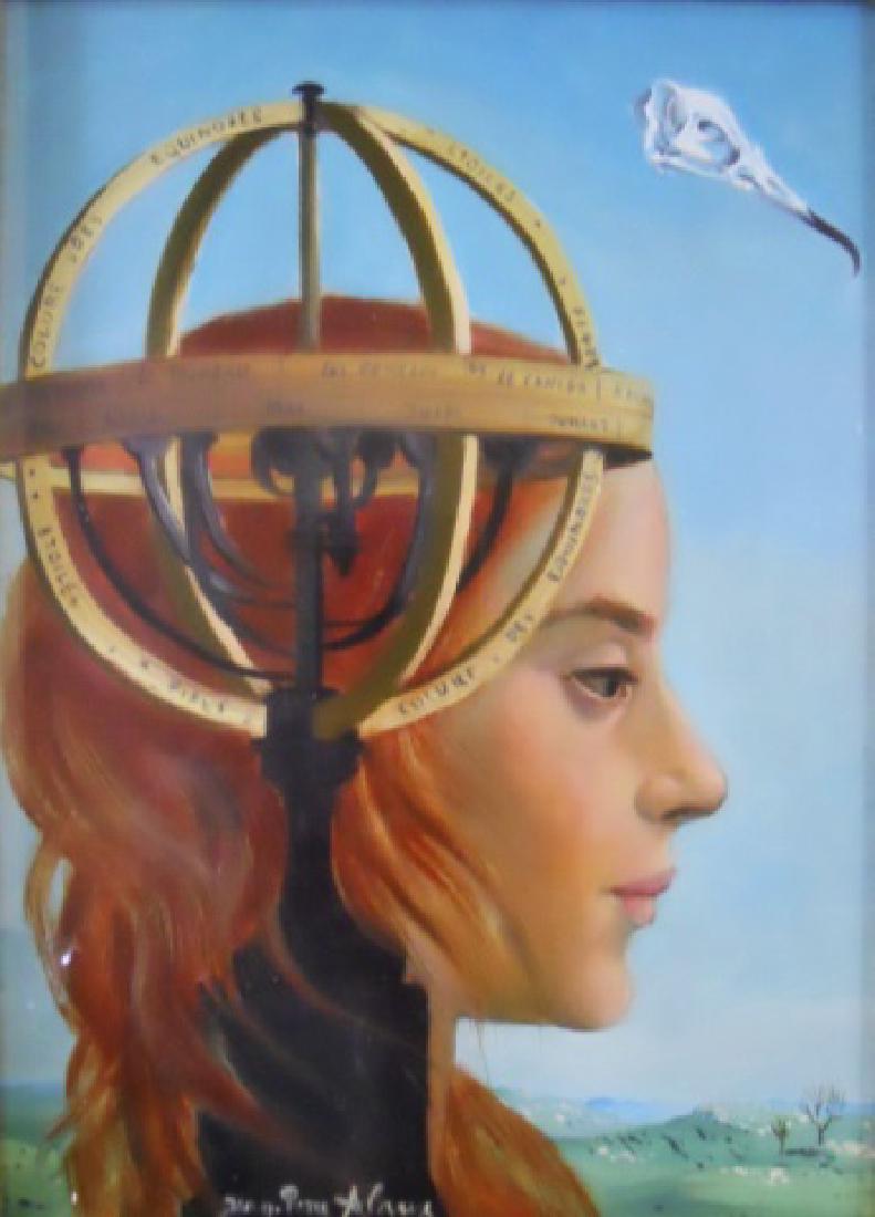 Oil on Board, Jean Pierre Alaux (b. 1925): Oil on board by Jean Pierre Alaux (b. 1925) entitled "La Sphere Armillaire"; Profile of a young woman with auburn hair overlaid with an armillary sphere. The skull of a sea bird appears in the backgro