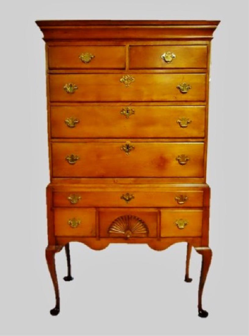 18th C. New England Queen Anne Maple Highboy: 18th C. New England Queen Anne highboy in maple. Two piece construction, lower case with one drawer over three with shell carving. Uppercase with two drawers over three and hidden top drawer. Drawers 