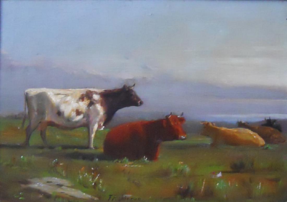 19th C. Painting, Oil on Canvas, Thomas Robinson: Oil on canvas painting of cows in a pasture, signed lower middle, "T. Robinson", (Thomas Harris Robinson, Canadian 1834-1888). Painting set in period gilt wood frame, measures:18" H x 22" W, image: 9.