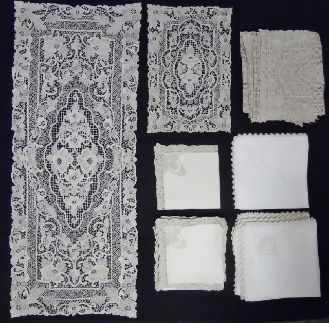 Venetian Style, Hand-Made Lace Table Linens (39pc): This group is made up of two sets hand-made by nuns at the Chefoo Convent, China and purchased before WWII: (26) Ecru set is comprised of a runner made entirely in the Venetian Rose Pointe style with