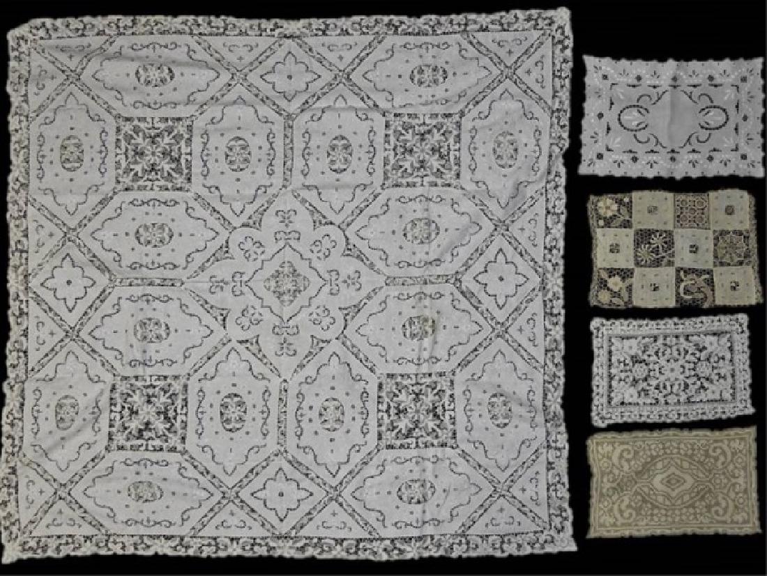 Antique Lace and Embroidered Table Linens (51pc): Grouping includes: (7) Place mats and matching runner in ivory linen are a wonderful sample of several styles of needle and bobbin-made lace. There are no stains or losses on the runner. Runner measur