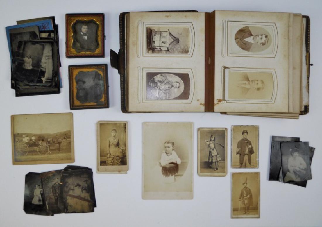 Large Collection of 19th C. Photographs (109pc): Group consists of: (5) Carte de Visite including one poignant portrait of a Civil War soldier - a double amputee. (75) photographs, mainly albumen prints, in album. Binding is broken but original cove