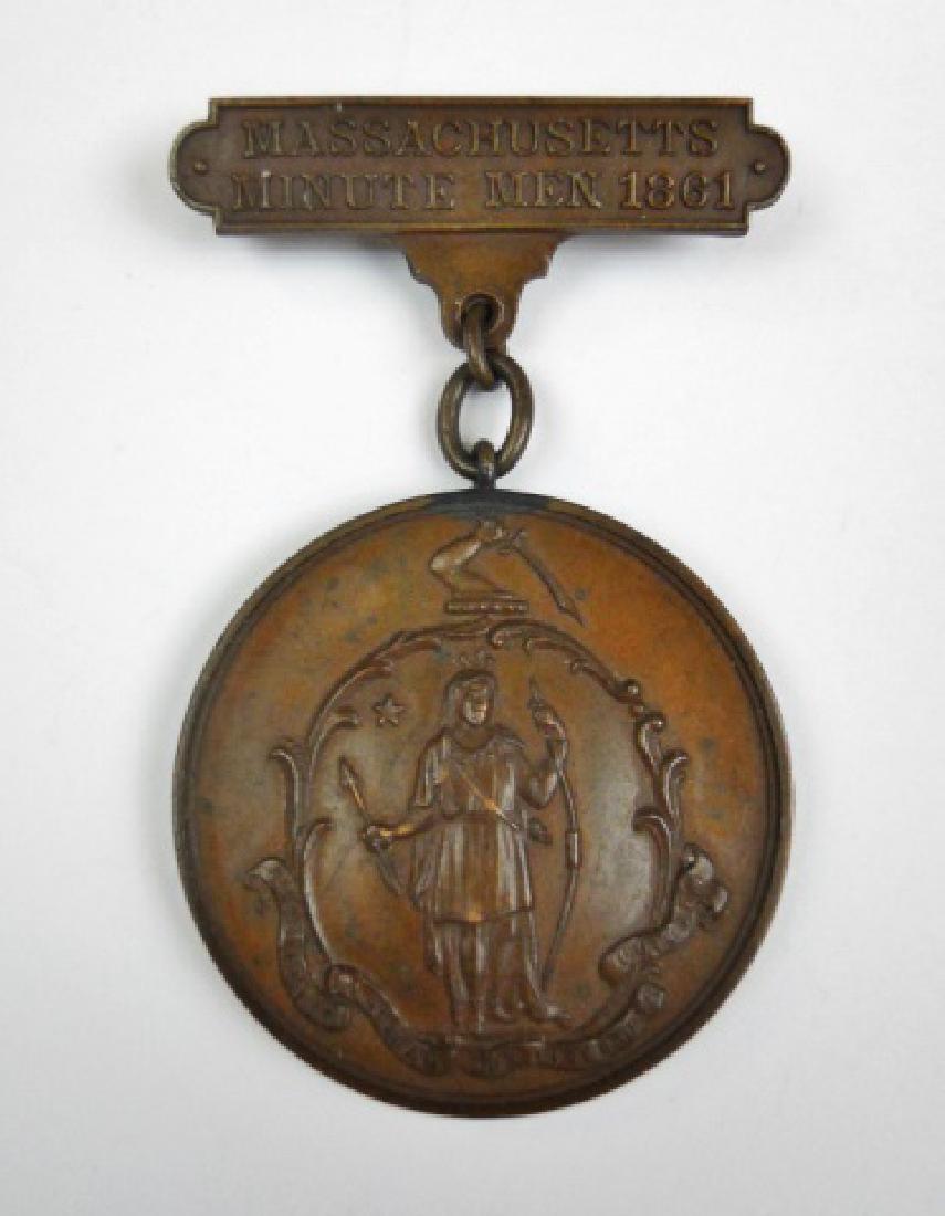 Civil War Massachusetts Minute Men Medal, 1861: Civil War medal struck in copper, "MASSACHUSETTS MINUTE MEN 1861", obverse with Massachusetts state seal, reverse with text top with pin back. Edge engraved, "WILLIAM WHITE PVT. D. 4TH REG." Excellent