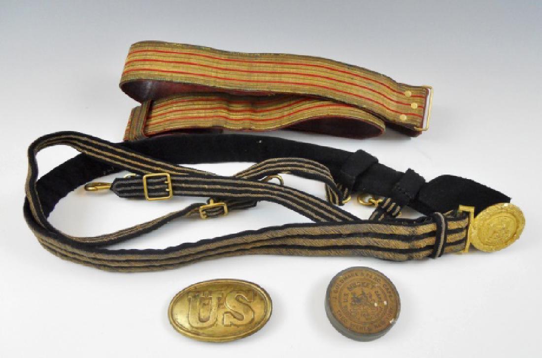 Collection, 19th C. Military Items, (4pc): Collection of 19th C. United States military items: (1) Civil War era U.S. Army belt buckle, brass with lead back and arrow catch, (1) Spanish American War era U.S. Navy officer belt with gilt brass b