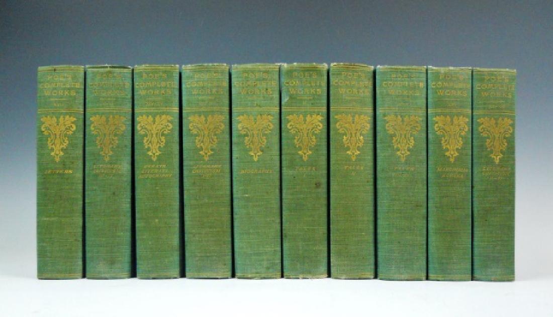 The Complete Works of Edgar Allan Poe,1902 (10pc): 1902, The Complete Works of Edgar Allan Poe, pub. Fred de Fau & Co., New York. This complete 10 volume set has the original green cloth covers and gilt edges. Light binding wear, otherwise good condit