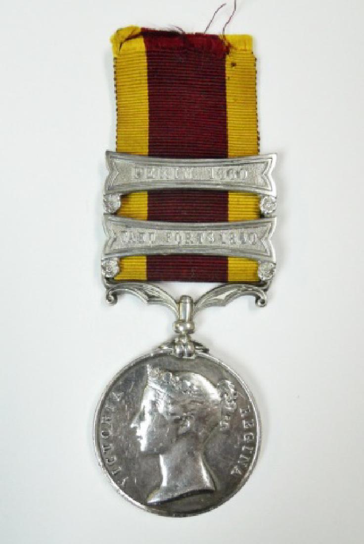British China Opium War Medal, Named: British Opium War China Medal. Die struck silver with striped silk ribbon with two clasps, "TAKU FORTS 1860" and "PEKING 1860", Edge engraved, "D. CUNNINGHAM 6 Kt". Medal with wear consistent with age