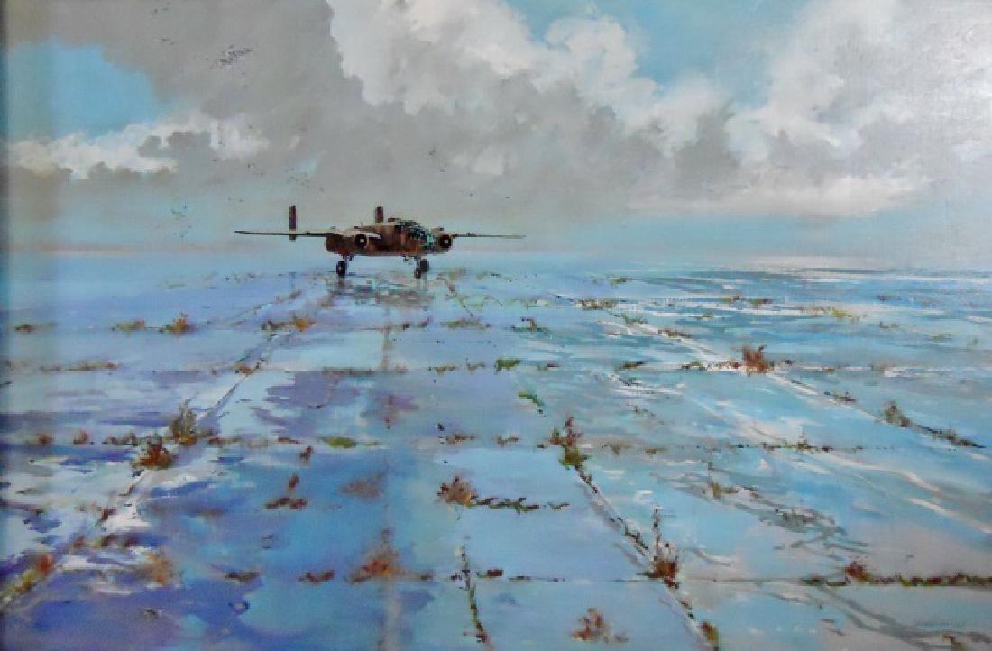 Oil on Board, E. A. Anderson: Oil on board of a plane on tarmac signed "E. A. Anderson, AWS" at bottom right. Brown wooden frame measures: 31" H x 43" W; image: 23.5" H x 35.5" W.