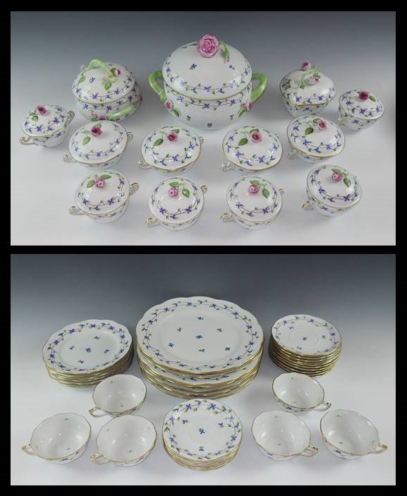Hand Painted China Set Blue Garland, Herend (48pc): Forty-eight piece set of hand painted Hungarian porcelain in "Blue Garland" pattern, signed "Herend", set consists of: (1) Large tureen, (1) Casserole, (1) Heart shaped casserole, (7) Large dinner pla