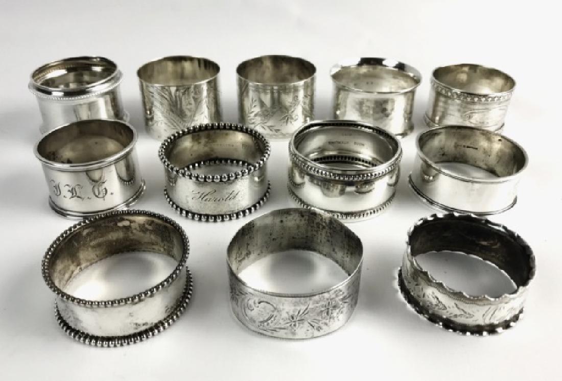 Antique Sterling Silver Napkin Rings, (12pc): Collection of antique sterling and coin silver napkin rings. Rings in varying styles and makers with hand chased designs, beading and personalization. Total weight: 6.93 Ozt.