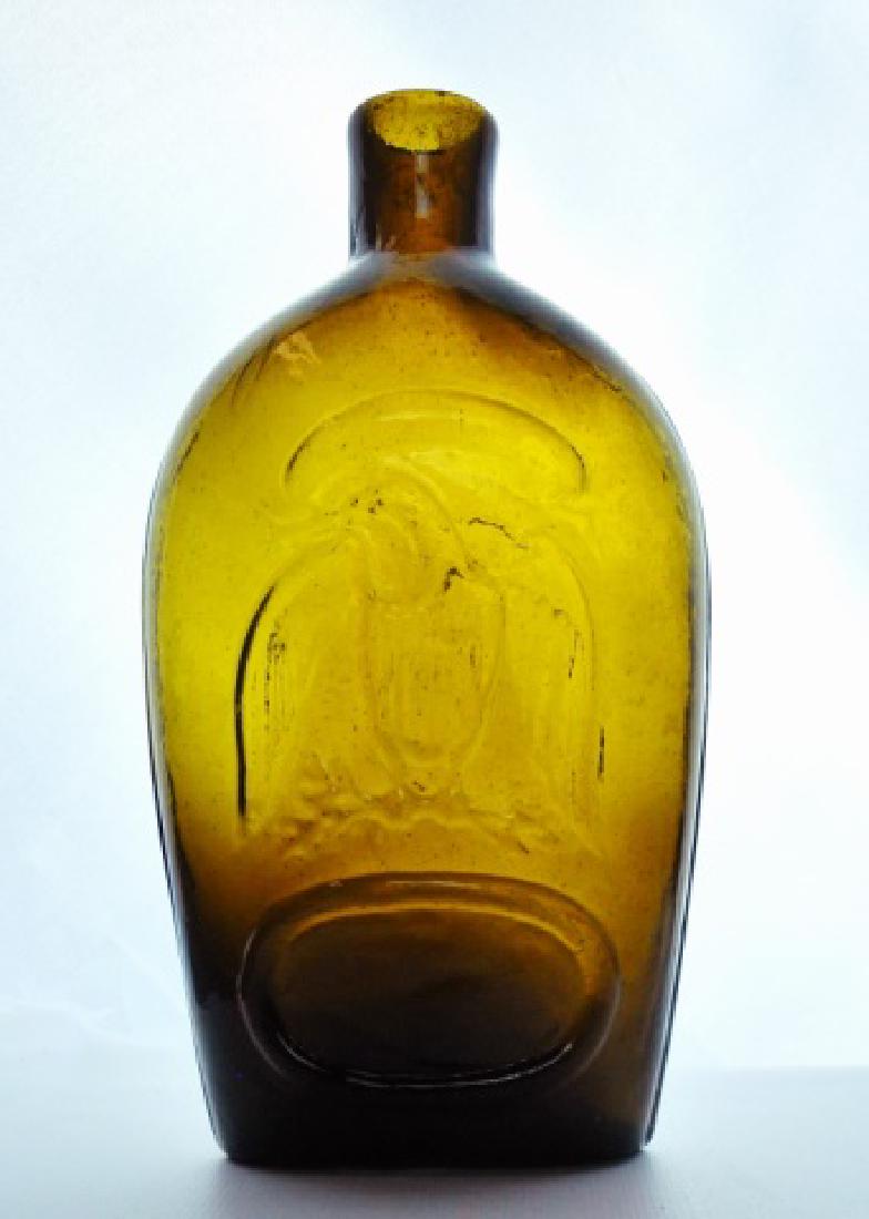 19th C. Historical Flask Double Eagle, Keene NH: Circa 1820 blown pint flask with pontil mark and sheared lip. Flask amber yellow in color, embossed with patriotic eagle on both sides. Likely manufactured at Keene New Hampshire. Exceptional near min