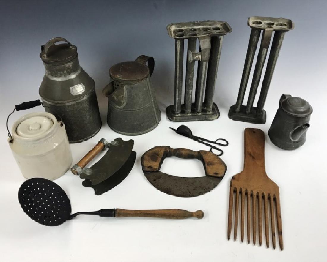 Collection, 19th C. Kitchen Primitives, (11pc): Collection of 19th C. Kitchen primitives: (2) Tin candle molds, (2) Coffee pots crafted in tin, (1) Storage canister in tin, (2) Wood handled steel blade choppers, (1) Wood handled pierced metal strai