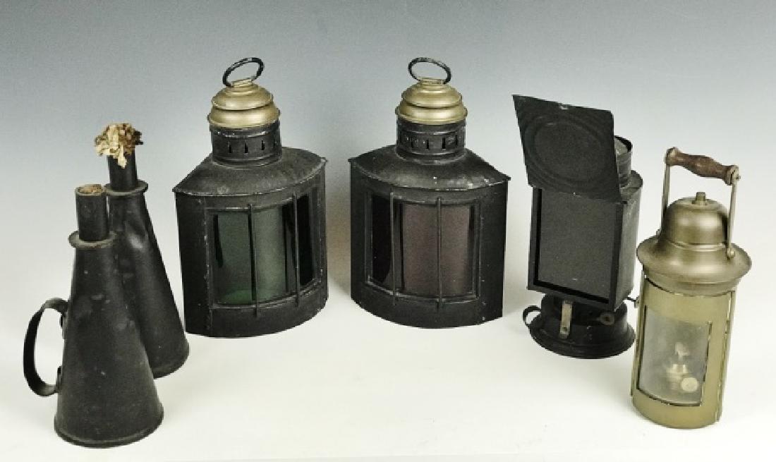 Collection, 19th C. Primitive Lighting, (6pc): Collection of 19th C. lighting: (2) Ships lanterns in green and red glass, (2) Tin painted lamps with handles, (2) Lanterns with glass shades and swing bail handles. Largest measures: 13" H including 