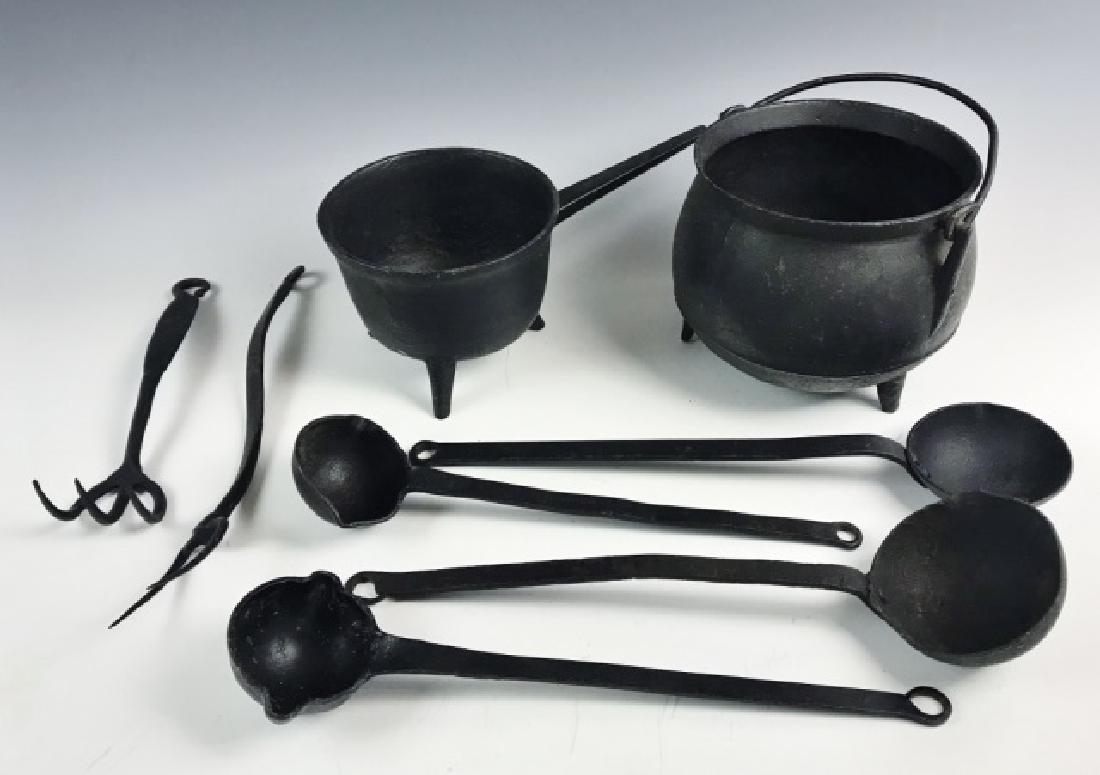 18th-19th C. Wrought Iron Cooking Items, (8pc): Collection of 18th and 19th century iron cooking implements: (1) Cast iron tripod pot with bail handle, (1) Cast iron tripod pot with straight handle, (4) Wrought iron ladles, (one with maker mark), (