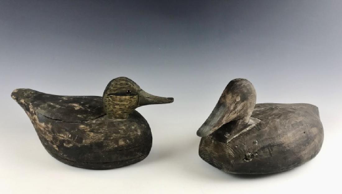 Two Primitive Carved Wood Duck Decoys, (2pc): Two early primitive carved duck decoys: (1) Primitive Maine Eider decoy with channel set head and leather rig loop at base, measures: 6.75" H x 16" L (1) Primitive Gloucester Black Duck decoy , glass 