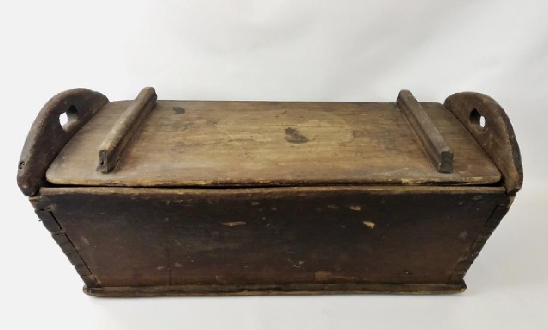 19th C. Primitive Wood Dough Box: 19th C. primitive wood dough box. Lidded box with dovetailed construction, measures: 12" H x 30" L x 14" D.