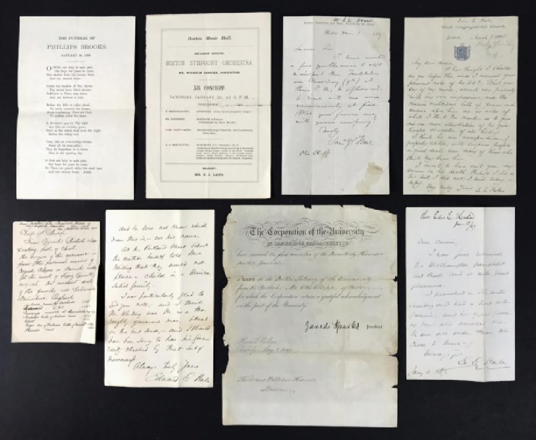 Letters of Prominent 19th C. Bostonians, (8pc): Collection of Boston related letters and ephemera including, an 1849 Harvard University Library gift acknowledgement, and two small printed broadsides. The letters, all sent to Otis Clapp, were writte