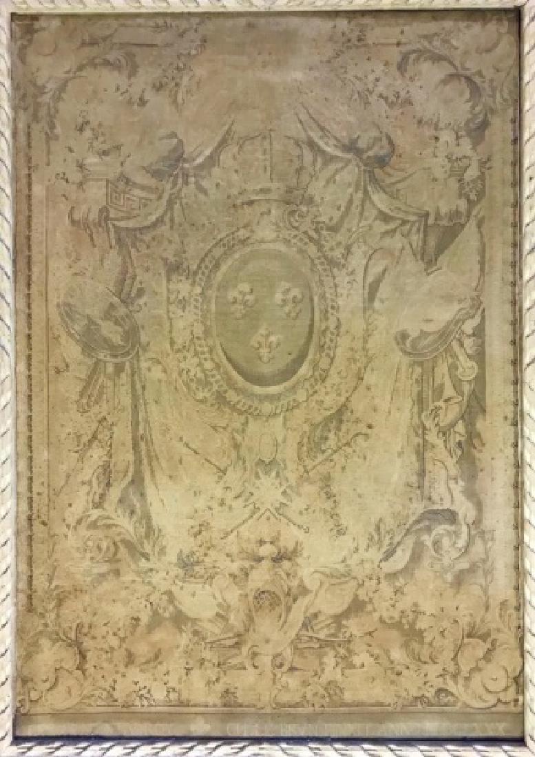 Antique French Tapestry Panel, Dated 1680: Period French hand woven tapestry panel mounted to board. Tapestry titled, " LES ARMIS DU ROY CH. LE BRUN PINXIT ANNO MDCLXXX." Design elements include Louis XIV Royal Coat of Arms with likeness in su