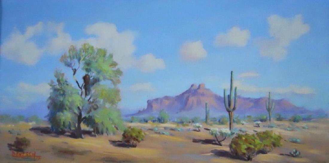 Painting, Oil on Canvas, Lou Benesch (1915-2002): Oil on canvas painting of a Southwest landscape, signed lower left corner, "BENESCH 72", (Lou Benesch, American, 1915-2002). Benesch is a well listed Native American painter. Painting in wooden frame