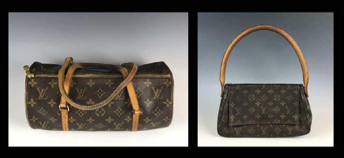 Vintage Hand Bags, Louis Vuitton, Paris, (2pc): Two vintage ladies hand bags, Louis Vuitton, Paris: (1) Small cylindrical bag in Louis Vuitton canvas monogram pattern with stitched leather straps and brass zippered closure, wear consistent with use