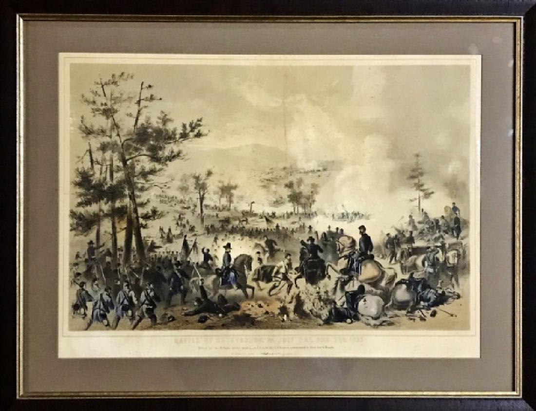 Civil War Lithograph Battle of Gettysburg, Bufford: Rare antique Civil War lithographic print titled. "BATTLE OF GETTYSBURG, PA JULY 2ND AND 3RD, 1863 defeat of the rebels under Genl. Robert E. Lee by US Forces under Genl. Geo. G. Meade" bottom with pu