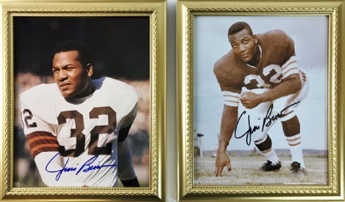 Autographed Photographs, HOF Jim Brown (2pc): Two photographs of Jim Brown in Cleveland Browns uniform, auto graphed in ink. Framed under glass, 8" x 10" photos.