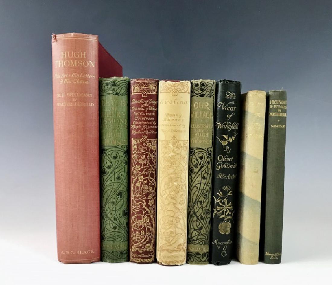 Books Illustrated by Hugh Thomson 1860-1920 (8pc): Collection of eight books illustrated by Hugh Thomson, Irish illustrator known for his art in the work of J.M. Barrie, Jane Austin, Charles Dickens, and others. This lot also features a biography of T