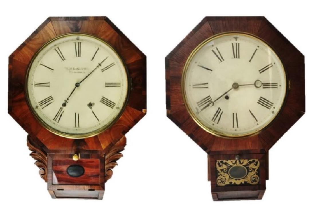Two 19th C. Mahogany Parlor Clocks, (2pc): Two 19th C, mahogany and reverse painted glass parlor clocks: (1) Clock with glazed octagonal case, interior label, "NEW HAVEN CLOCK Co." Clock with key wind movement, Roman numeral radial dial, measu